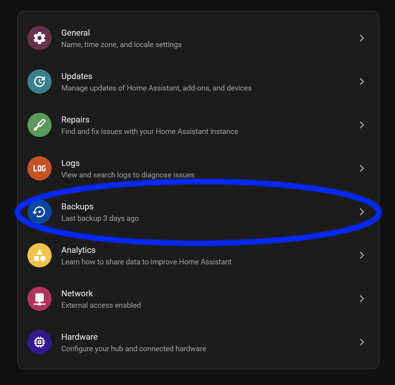 Home Assistant, click Backups