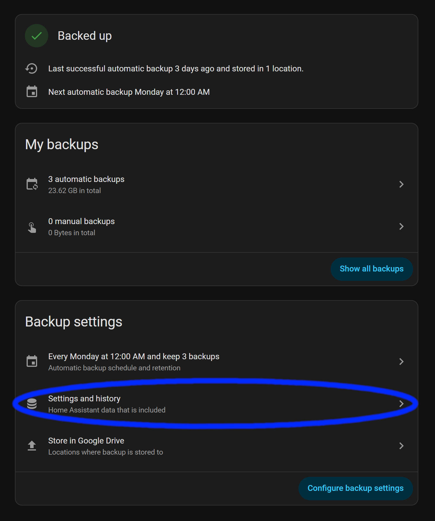 Home Assistant, click Settings and History